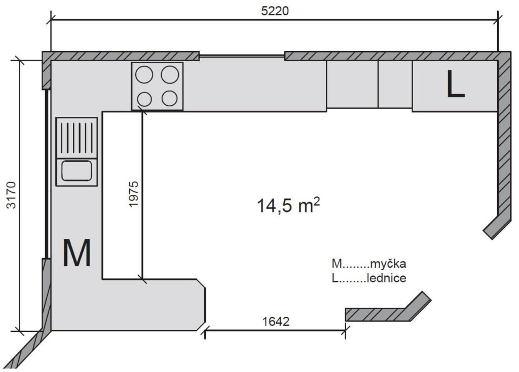 půdorys kuchyně 14,5m2