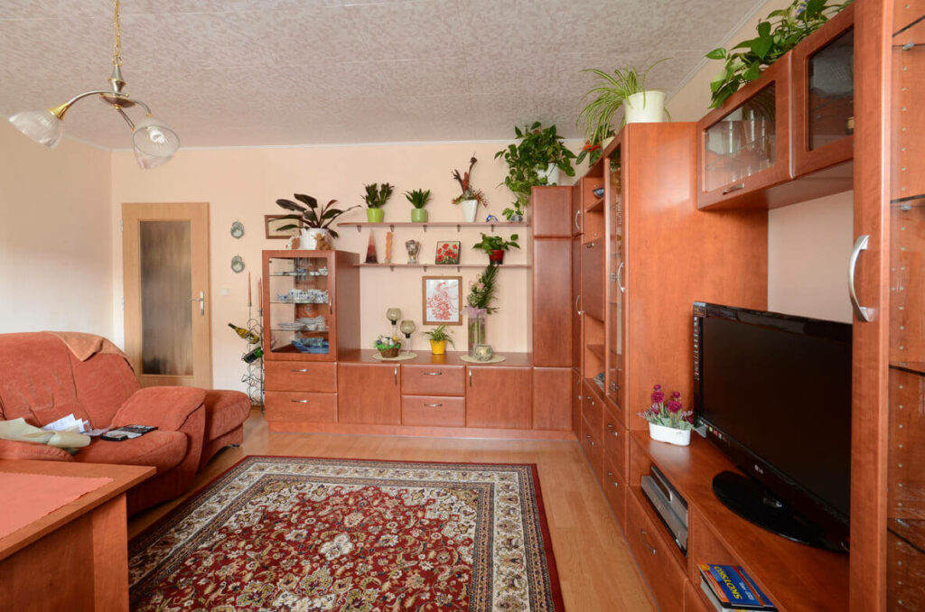 Rustikální interiér s červeným dřevem obývací pokoj